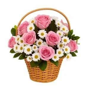 Cesta de Rosas Rosada e Flores do Campo