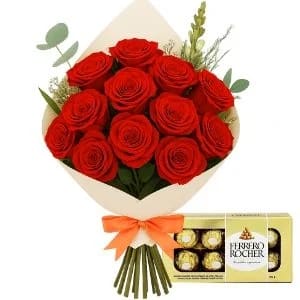Buquê de 12 Rosas Vermelha com Chocolate
