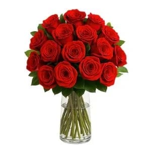 Arranjo de 16 Rosas Vermelha no Vaso de Vidro