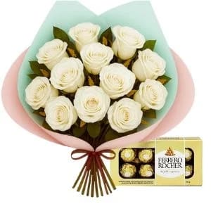 Buquê de 12 Rosas Branca com Chocolate